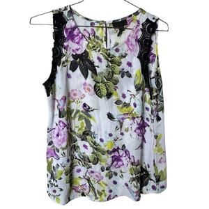 Worthington Women's  Multicolor Floral Sleeveless Top With Black Lace Trim Sz L